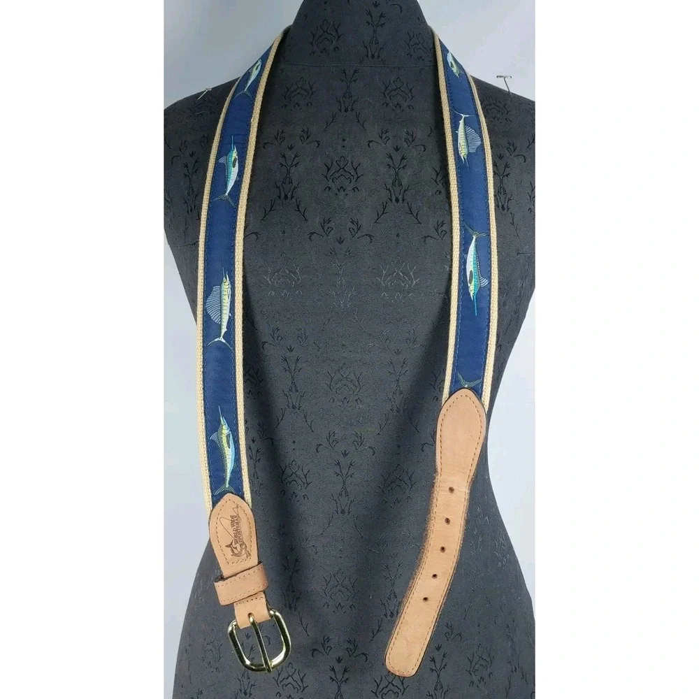 World Wide Sportsman Marlin Ribbon Belt Size 44 Blue On Brown Leather USA